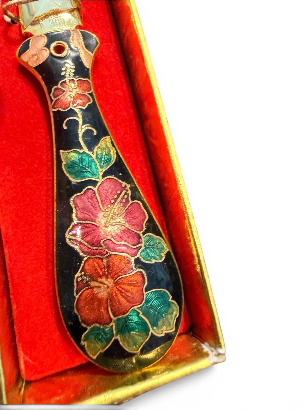 Vintage Cloisonné Letter Opener Hibiscus Floral Enamel Desk Accessory w/Box - Picture 3 of 5